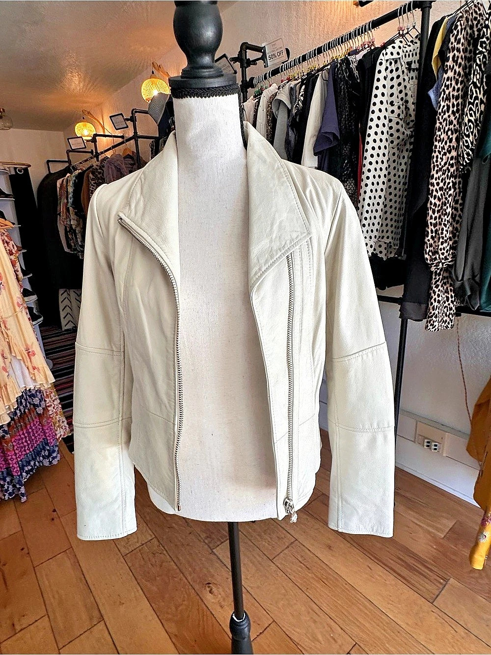 Forever New Ivory Genuine Leather Asymmetric Zip Moto Jacket